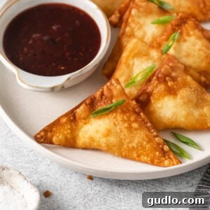 Crispy Creamy Crab Puffs 2 A plate of golden-brown cream cheese rangoon ready to be served, highlighting its appealing texture.
