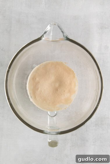 Yeast mixture actively foaming in a bowl, showing proper activation.