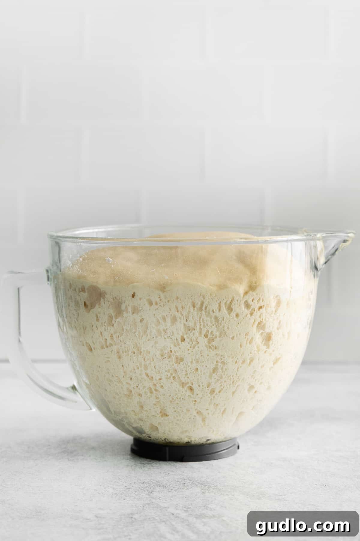 Perfectly risen dough, visibly doubled in size and looking light and airy, contained within a large oiled mixing bowl.