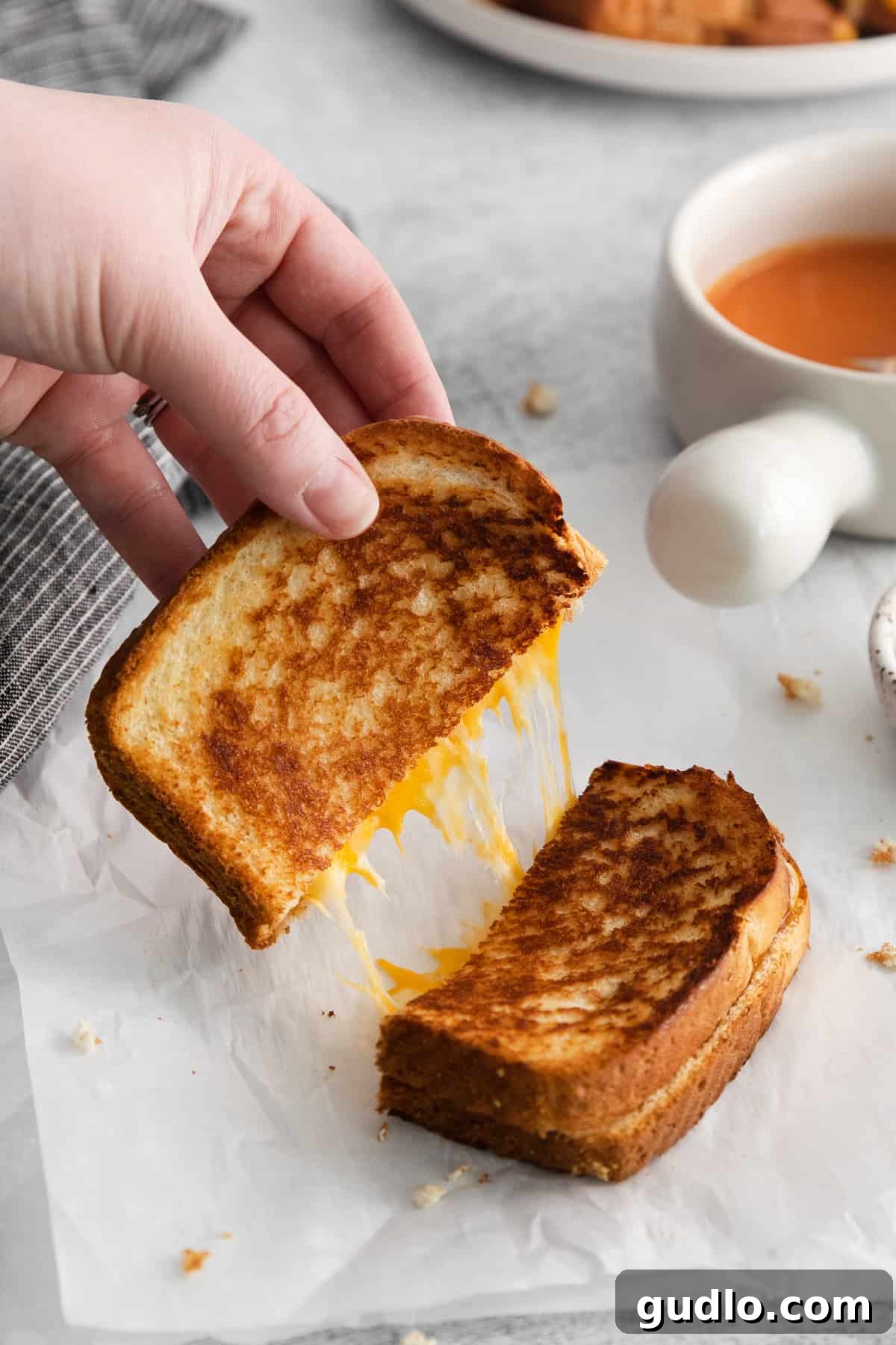 Melted Cheese Perfection: Sliced Grilled Cheese Grilled cheese with mayo sliced in half, revealing the incredibly gooey melted cheese inside and a perfectly crispy, golden crust.