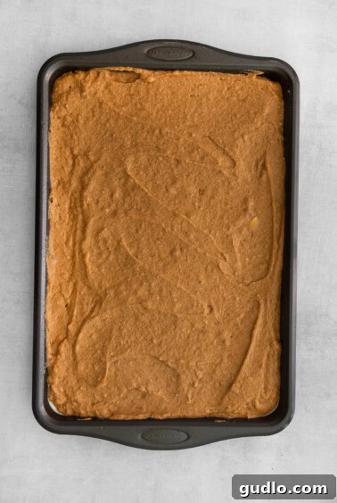 A square cake-like batter spread evenly in a baking pan, ready for the oven.