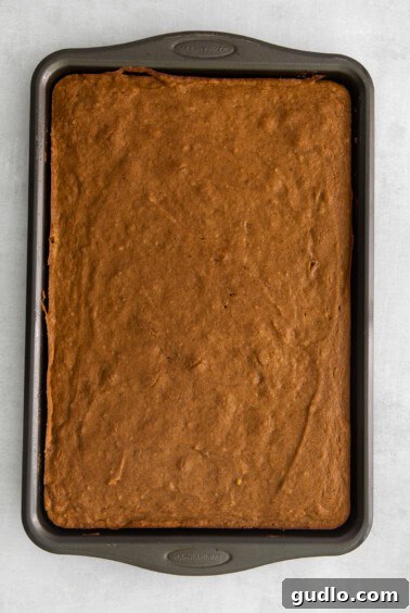 A cooled pumpkin bar in a baking pan, resting on a white surface, signifying the end of the cooling process.