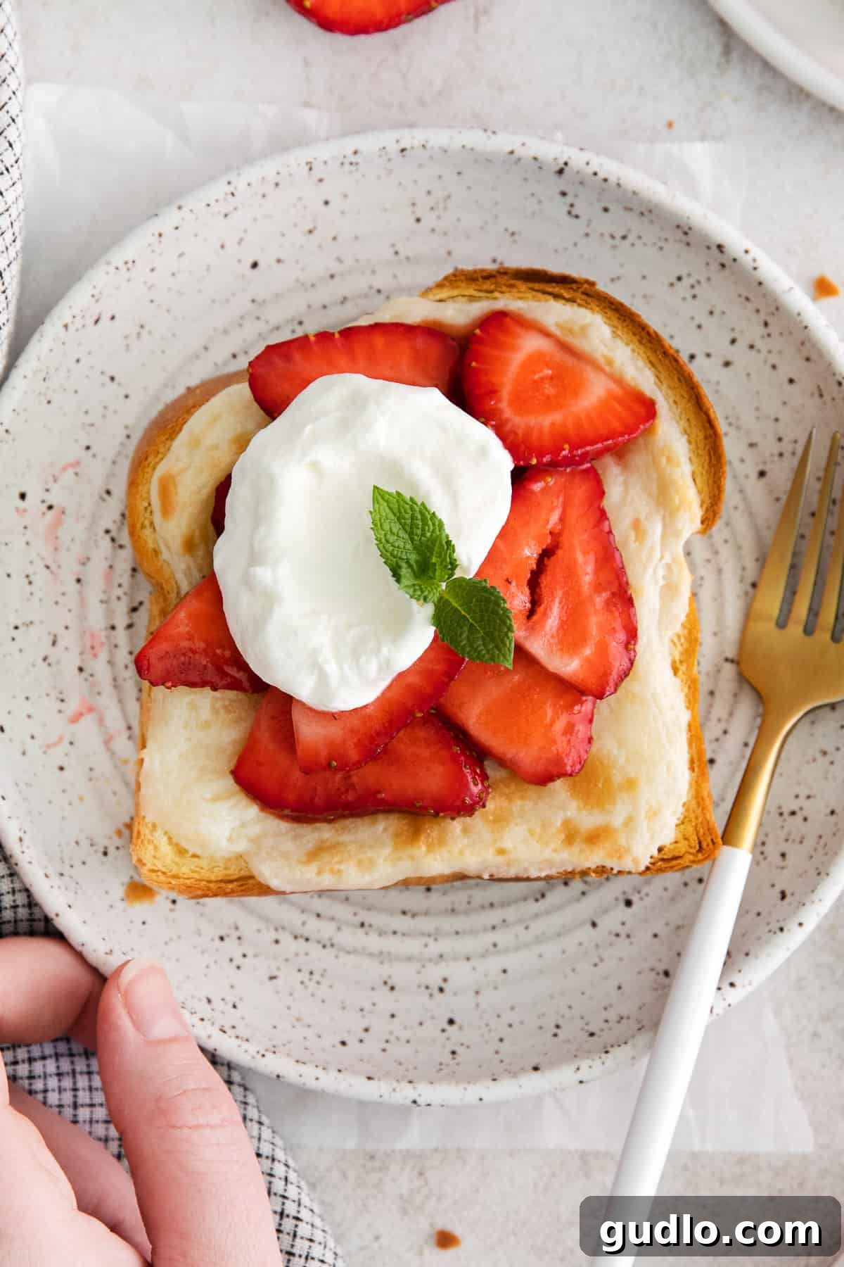 Decadent Strawberry Cheesecake French Toast 2 A plate of strawberry cheesecake french toast, elegantly topped with whipped cream, fresh mint, and extra strawberries.