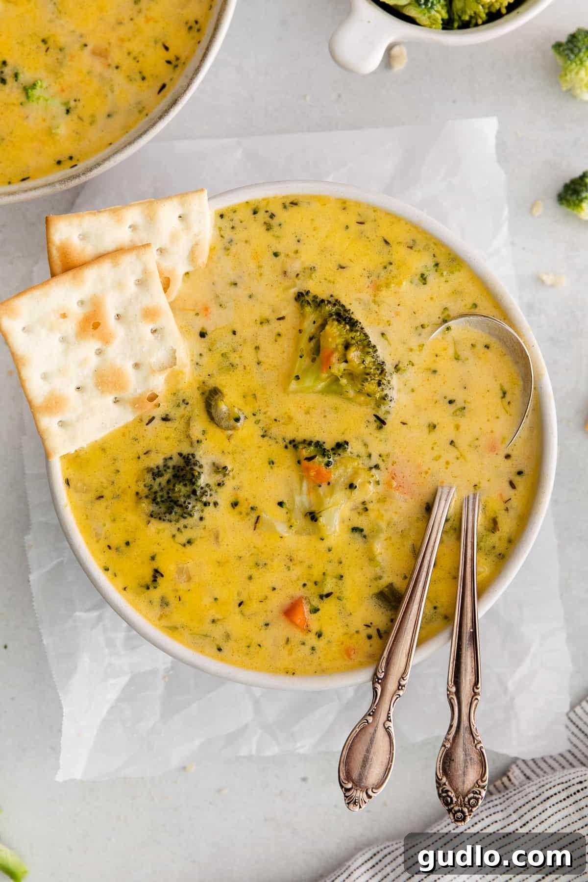 Broccoli potato cheese soup served in a rustic bowl with crispy crackers on the side, inviting a warm and comforting meal.