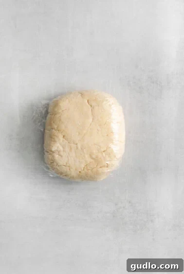 Dough formed into a ball and wrapped in plastic.