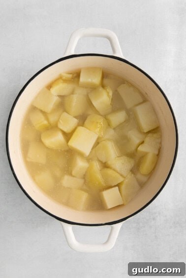 Potatoes boiling in a pot on a stovetop.