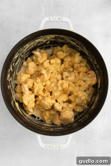 Roasted cauliflower being mixed into the creamy cheese sauce.