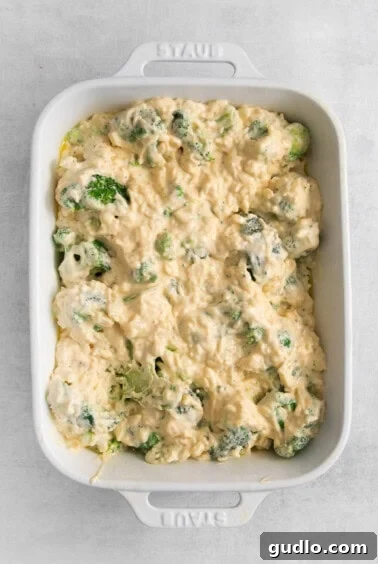 A casserole dish filled with broccoli and cheese after the first bake.