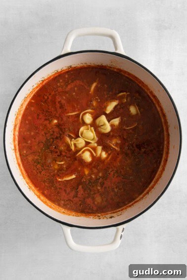 Soul-Satisfying Tortellini Soup 6 a pot of tomato soup with noodles in it.