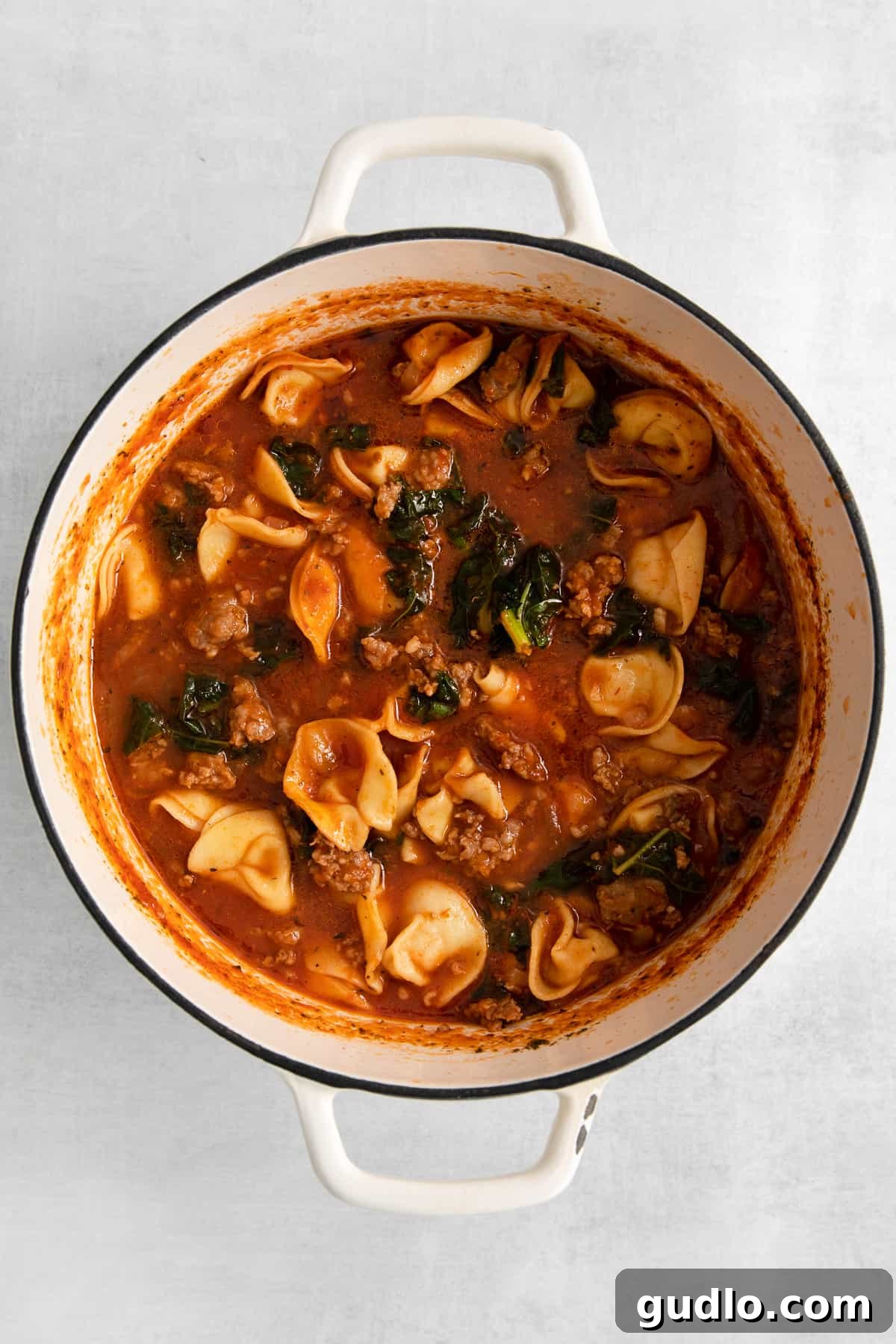 Ready-to-Serve Cheese Tortellini Soup in a Dutch Oven A large Dutch oven filled with simmering cheese tortellini soup, ready to serve.
