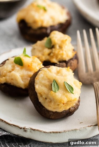 Baked crab stuffed mushrooms fresh from the oven.