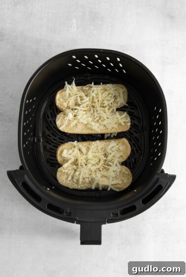 Two slices of hot dog buns, buttered and topped with cheese and seasoning, inside an air fryer basket.