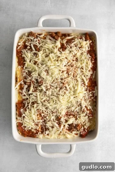 Homestyle Cottage Lasagna 13 Assembled lasagna topped with melted mozzarella cheese, fresh out of the oven.