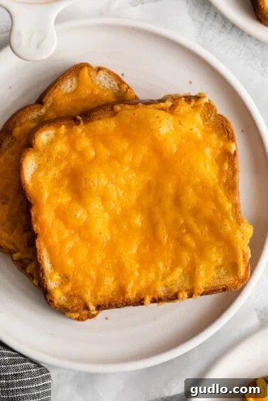 A plate of cheesy toast on a white plate, garnished for serving.