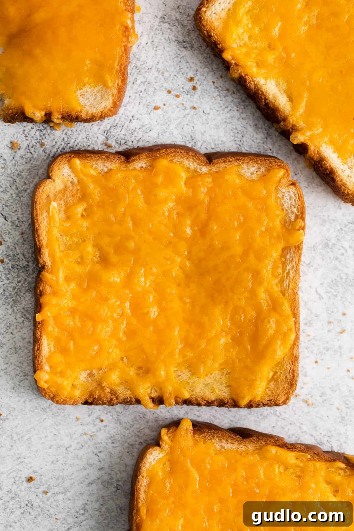 Golden Cheesy Toast 5 A single slice of perfectly melted cheese toast, showing the crispy edge and gooey center.