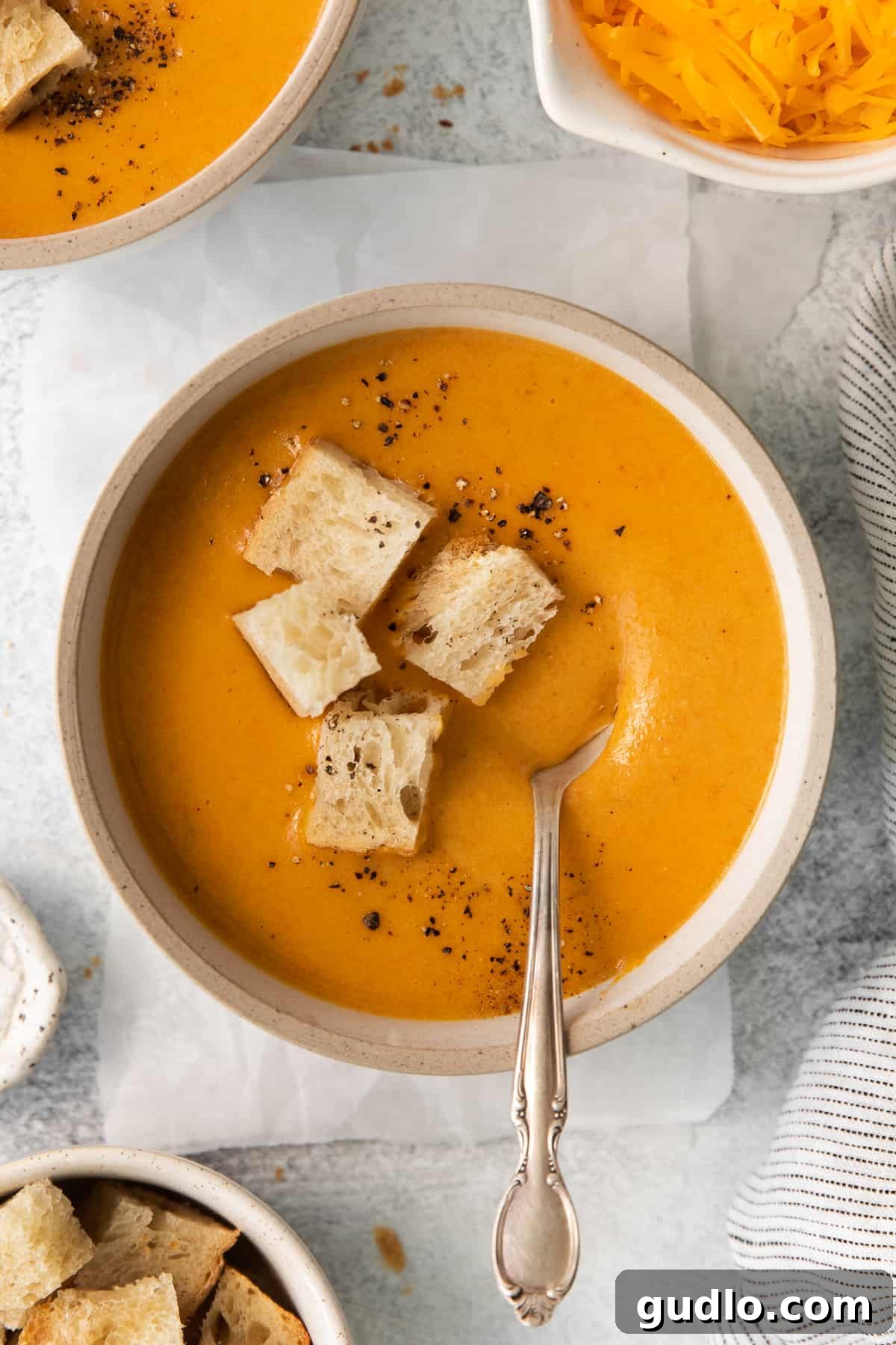 A bowl of Wisconsin cheese soup topped with golden croutons, ready for a comforting meal.