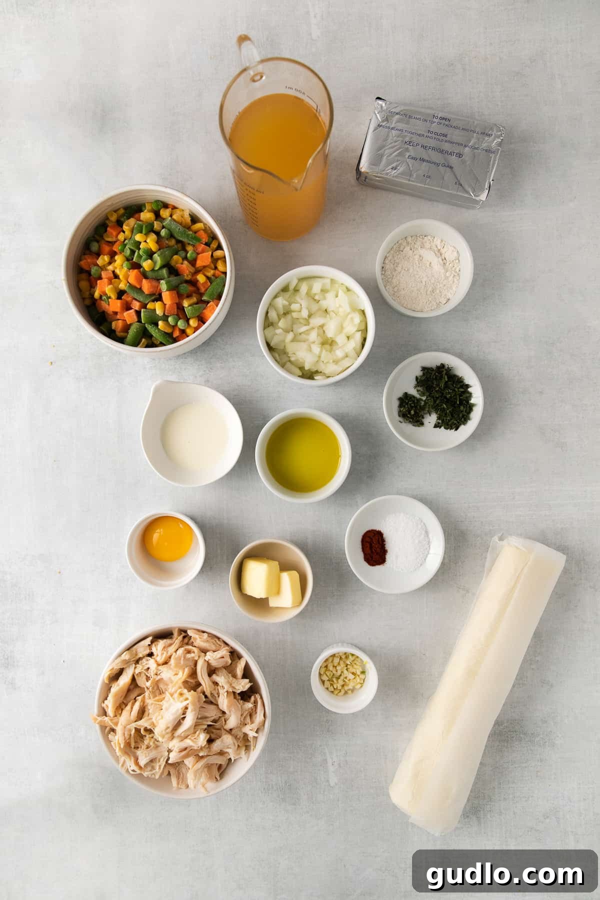 Ingredients for Chicken Pot Pie Casserole Essential ingredients laid out for making creamy chicken pot pie casserole.