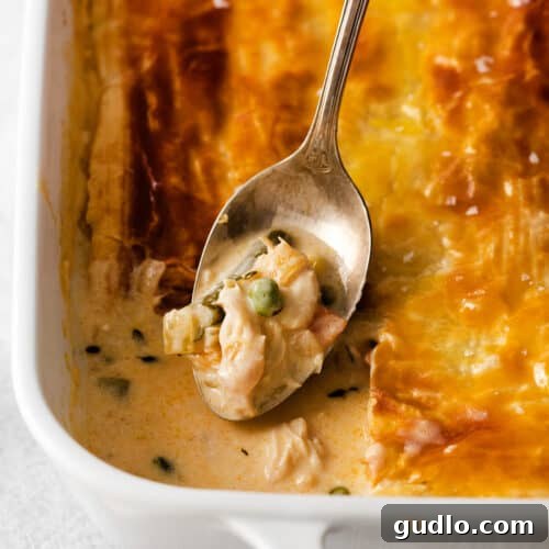 Finished Chicken Pot Pie Casserole A beautifully baked chicken pot pie casserole, steaming and ready to serve.