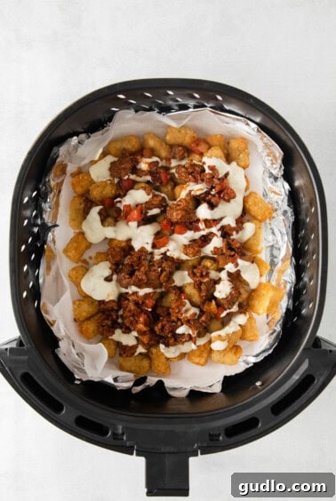 No-Fuss Totchos 5 A layered serving of totchos, featuring crispy tots, beef, and melted cheese, inside an air fryer.