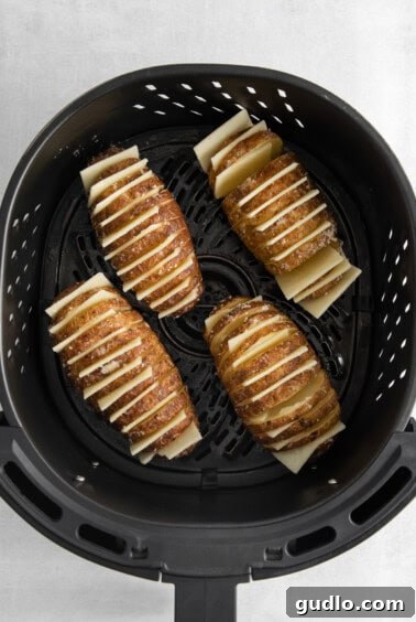 Hasselback potatoes with cheese inserted into their slices in an air fryer.
