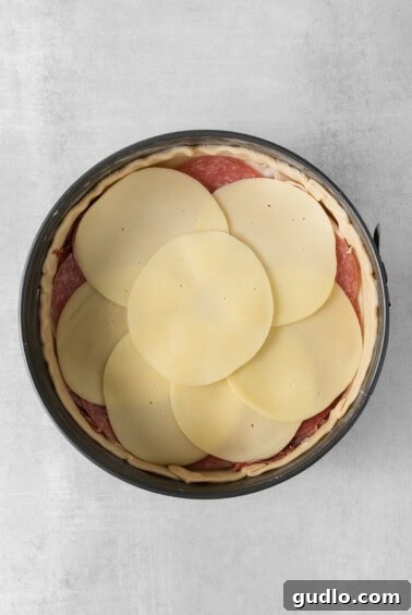 A springform pan with a pie crust layered with slices of cured meats and cheese.
