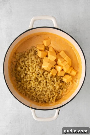 Elbow pasta and Velveeta cheese chunks being stirred into a rich cheese sauce in a pot.