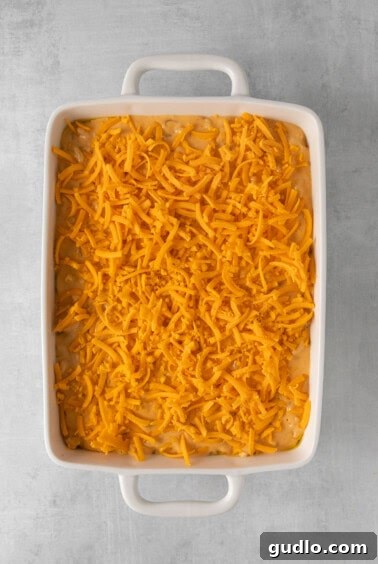 Unbaked cheesy casserole in a square dish, topped with shredded cheese.