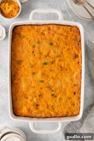 A freshly baked, bubbly, and cheesy casserole in a white dish, ready to serve.