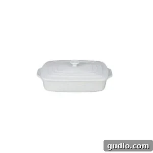A pristine white rectangular baking dish, perfect for casseroles.