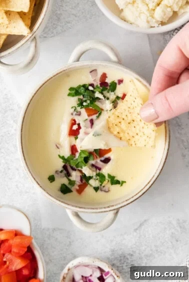 A person dipping a tortilla chip into a bowl of creamy Cotija queso dip.