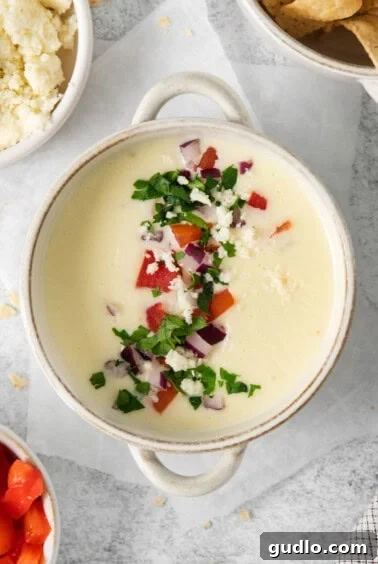 A bowl of garnished Cotija queso dip next to tortilla chips on a table.