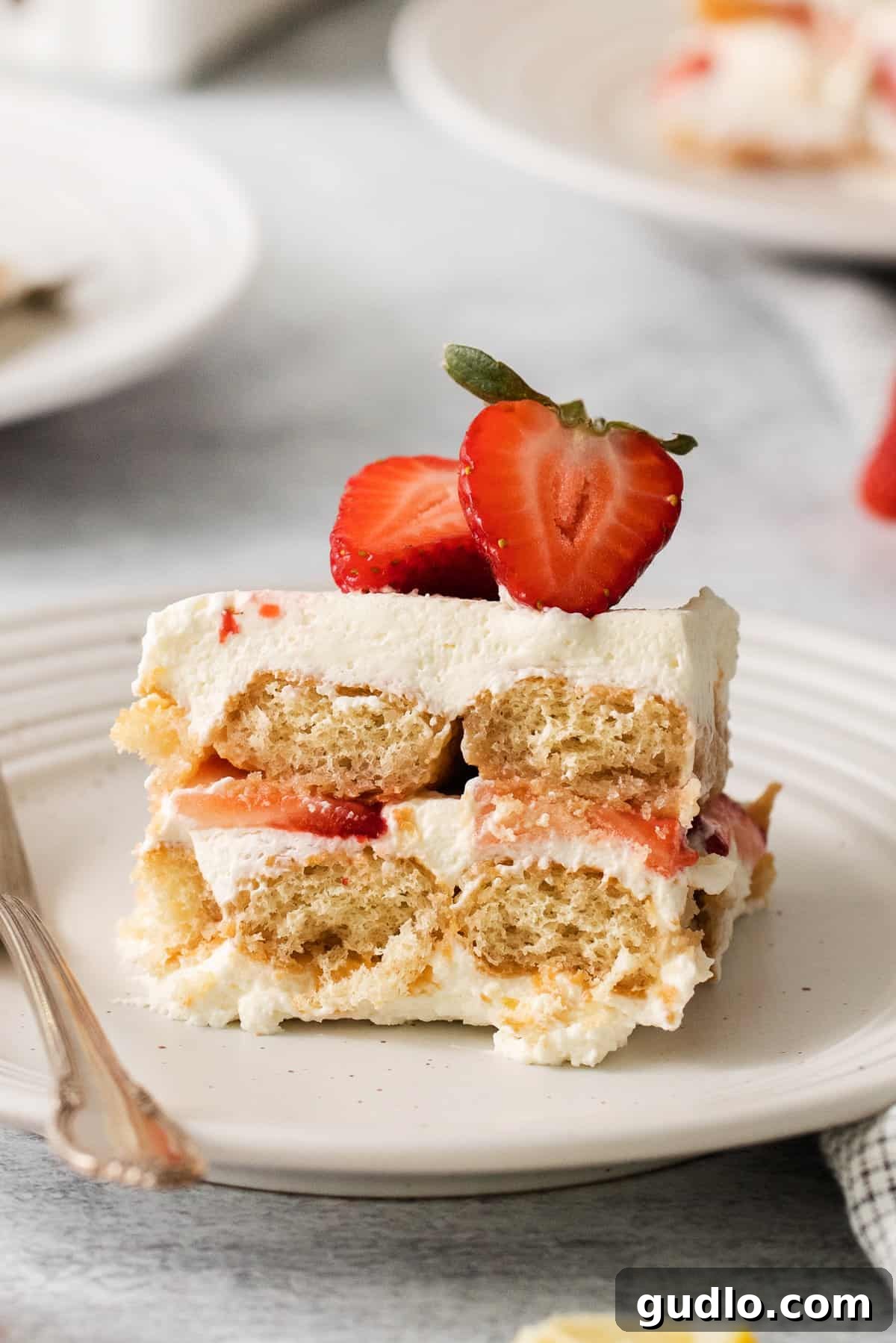 This homemade strawberry tiramisu has layers of flavorful mascarpone filling and prosecco-drenched ladyfingers. It is a fruity twist to this traditional no-bake dessert. Slice of strawberry tiramisu on a plate, showcasing its beautiful layers of cream, ladyfingers, and strawberries.