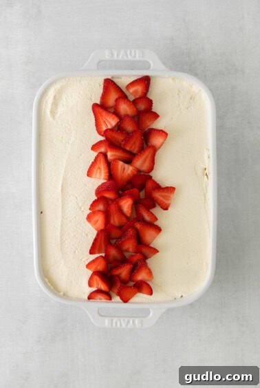 An ice cream cake with strawberries on top, chilling in a pan.