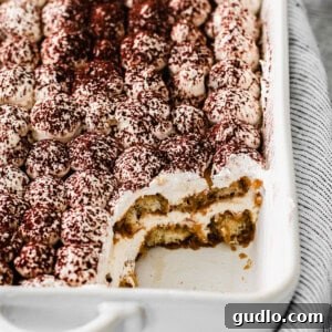Effortless Strawberry Cloud Tiramisu 2 A casserole dish of classic tiramisu with cocoa dusting.
