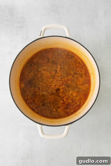 A pot of soup simmering on the stove, with potatoes and broth cooking together.