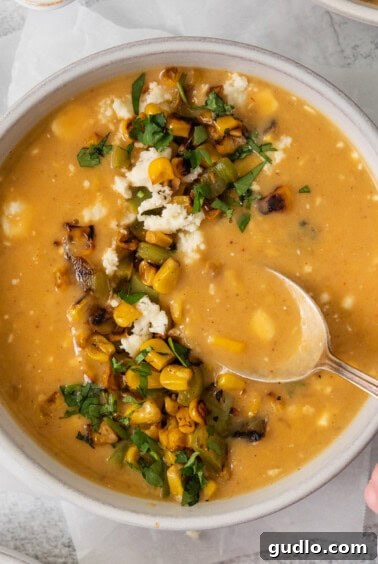 A bowl of finished Mexican Street Corn Soup, garnished and ready to be served.