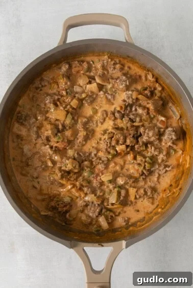 A skillet filled with creamy taco meat and vegetables.