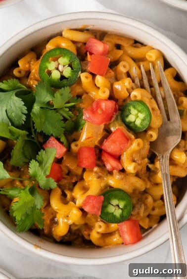 A delicious bowl of taco mac and cheese, ready for enjoyment.