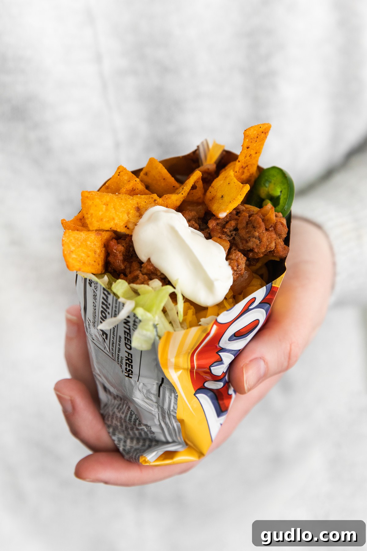 Hand-Held Walking Taco: The Ultimate Portable Meal A hand holding a walking taco.