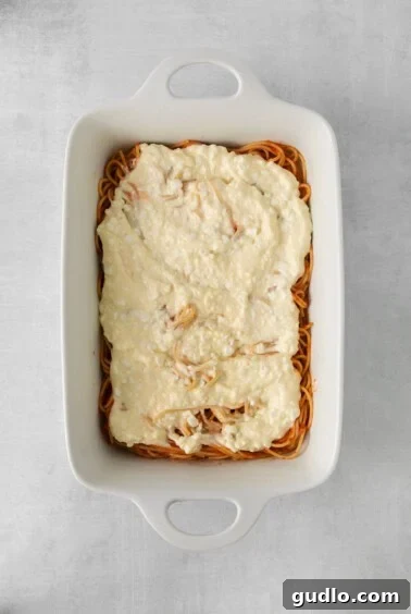 A white baking dish with layered spaghetti and cheese mixture, prior to adding the meat sauce.