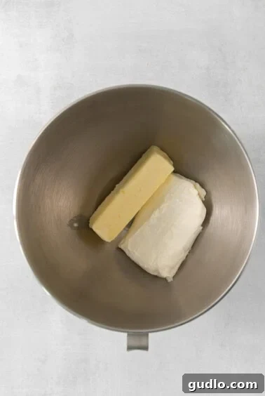 Luscious Lemon Cream Cheese Frosting 4 Softened butter and cream cheese in a mixing bowl.