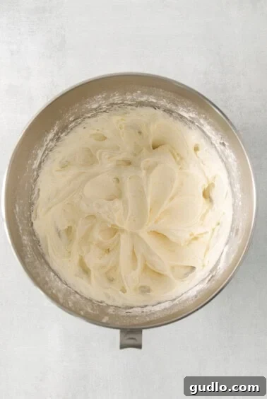 Luscious Lemon Cream Cheese Frosting 5 Whipped cream cheese frosting in a metal bowl.
