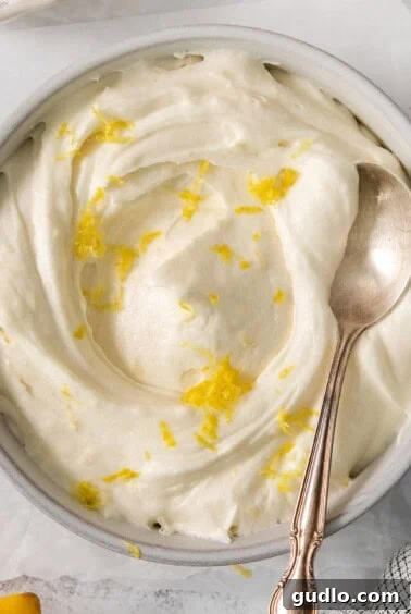 Luscious Lemon Cream Cheese Frosting 6 Lemon cream cheese frosting in a bowl, ready to serve.