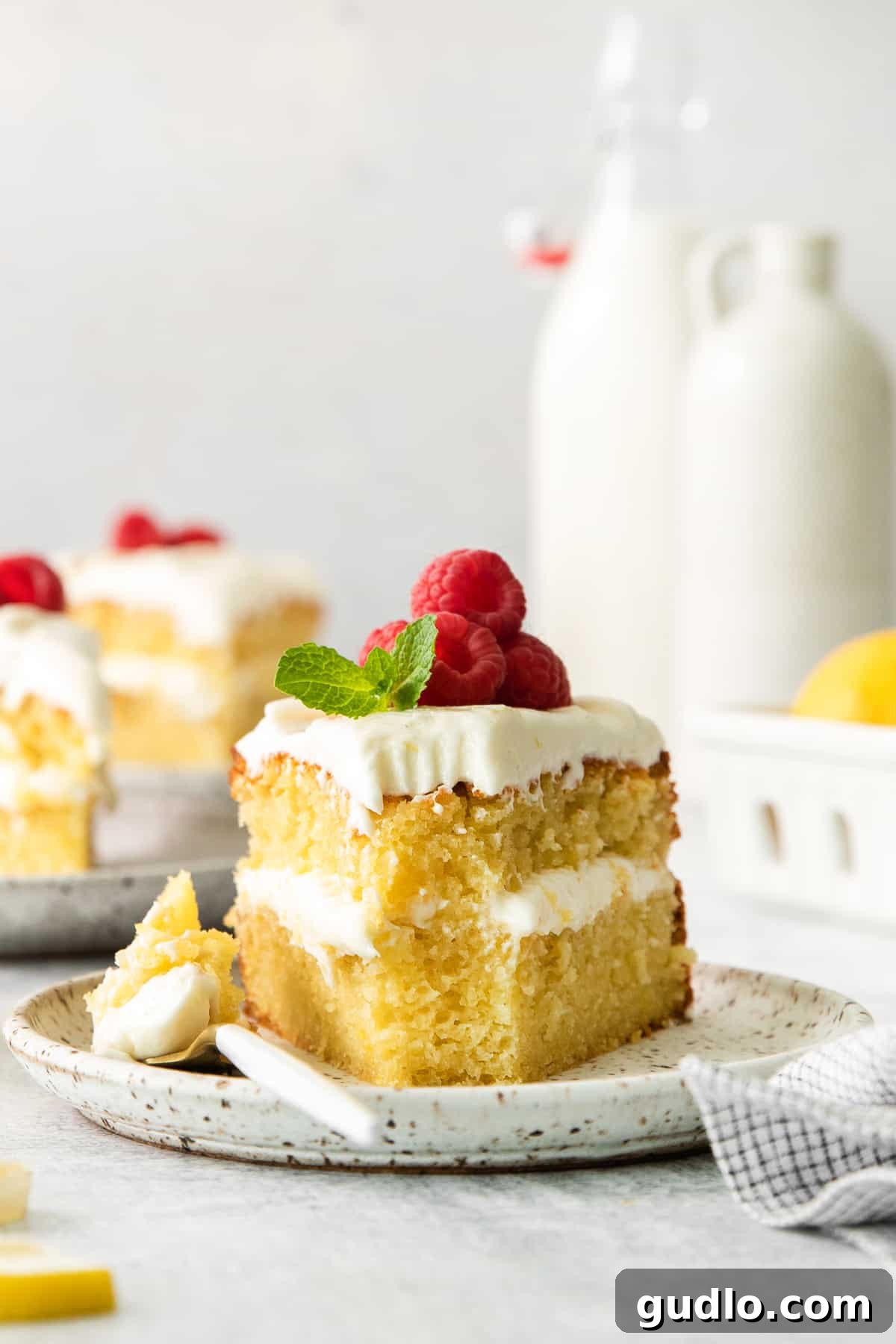 Luminous Lemon Olive Oil Cake 2 A perfectly sliced piece of Lemon Olive Oil Cake topped with creamy lemon cream cheese frosting on an elegant plate, showcasing its moist texture and vibrant lemon zest garnish.