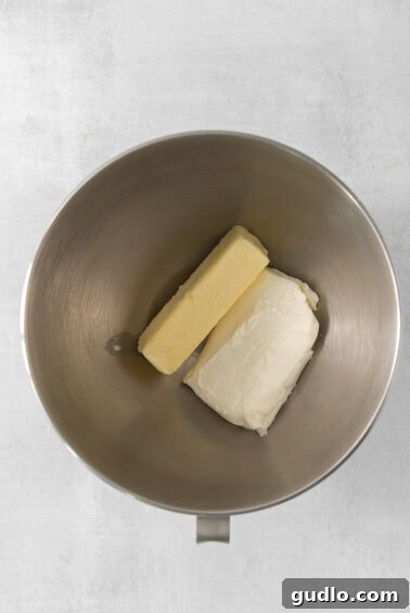 Luminous Lemon Olive Oil Cake 16 Two pieces of softened butter and a block of cream cheese in a metal mixing bowl, ready to be whipped into frosting.