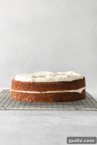 Luminous Lemon Olive Oil Cake 18 A two-layer cake on a cooling rack, with one layer already frosted and the second layer being placed on top, illustrating the assembly process.