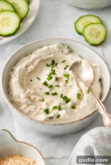 The Ultimate Classic Chip Dip 4 A bowl of chilled dip with a spoon in it, ready for the final touches.