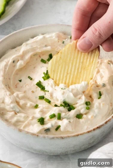 The Ultimate Classic Chip Dip 5 A serving bowl of chip dip surrounded by various dippers.