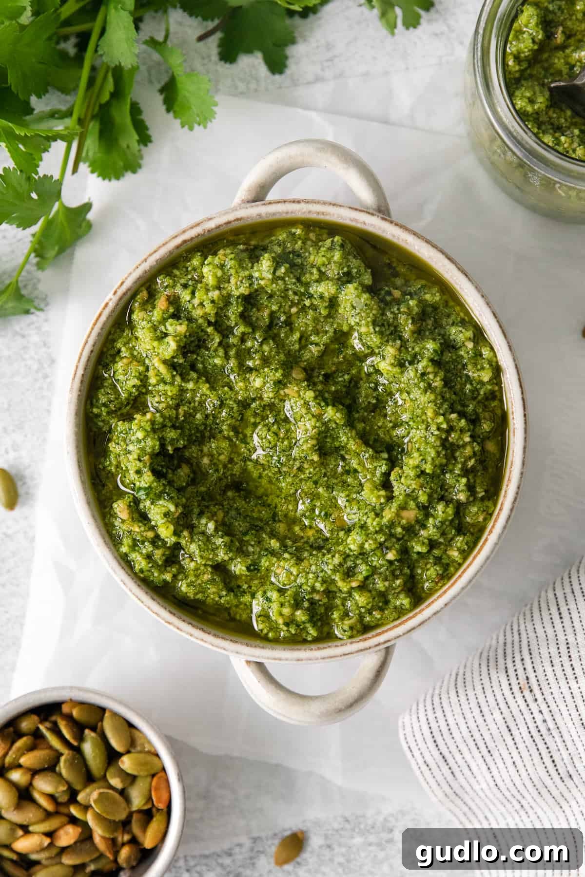 Cilantro pesto in a small bowl, garnished with a sprig of cilantro.
