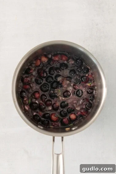 Fresh blueberries simmering gently in a saucepan with minced onion, garlic, maple syrup, and sprigs of thyme, creating a rich and aromatic compote for the goat cheese appetizer.